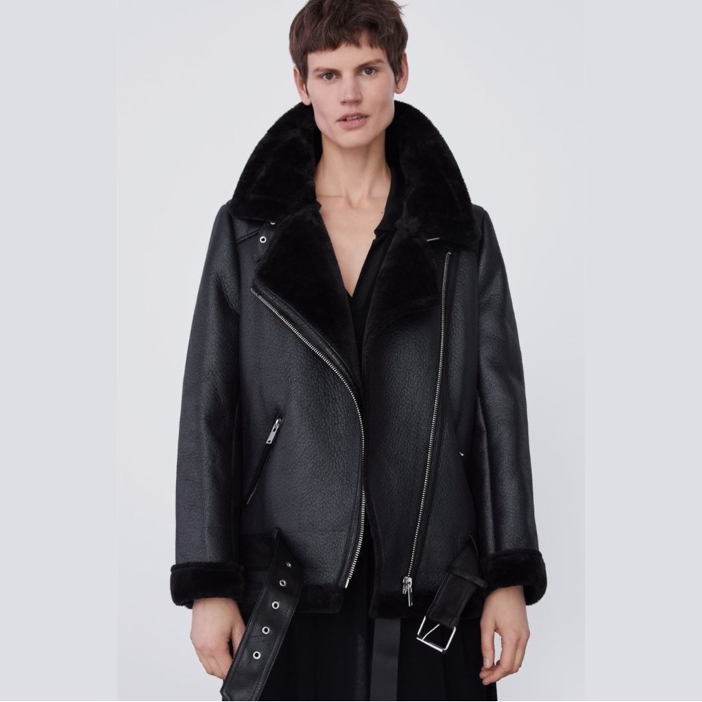 Zara Black Textured Leather Jacket